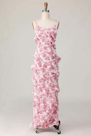 Blush Flower Sheath Spaghetti Straps Ruffled Long Wedding Guest Dress with Slit